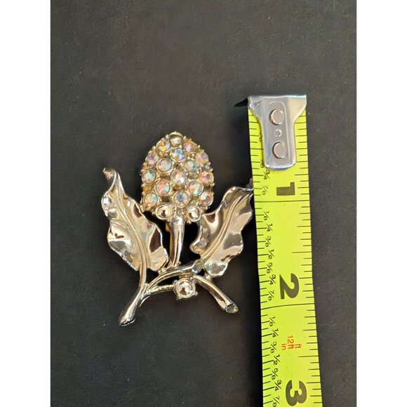 Vintage Silver-Tone Leaf & Pinecone AB Rhinestone Brooch Pin - Picture 4 of 4